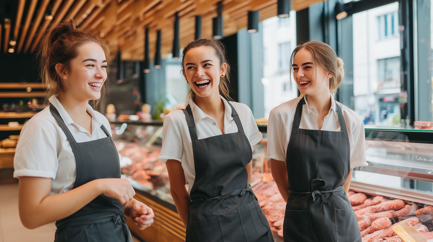Drei junge Verkäuferinnen lachen hinter der Theke einer modernen Metzgerei
